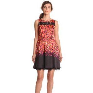Satin & Lace Watercolor Floral Fit & Flare Cocktail Dress